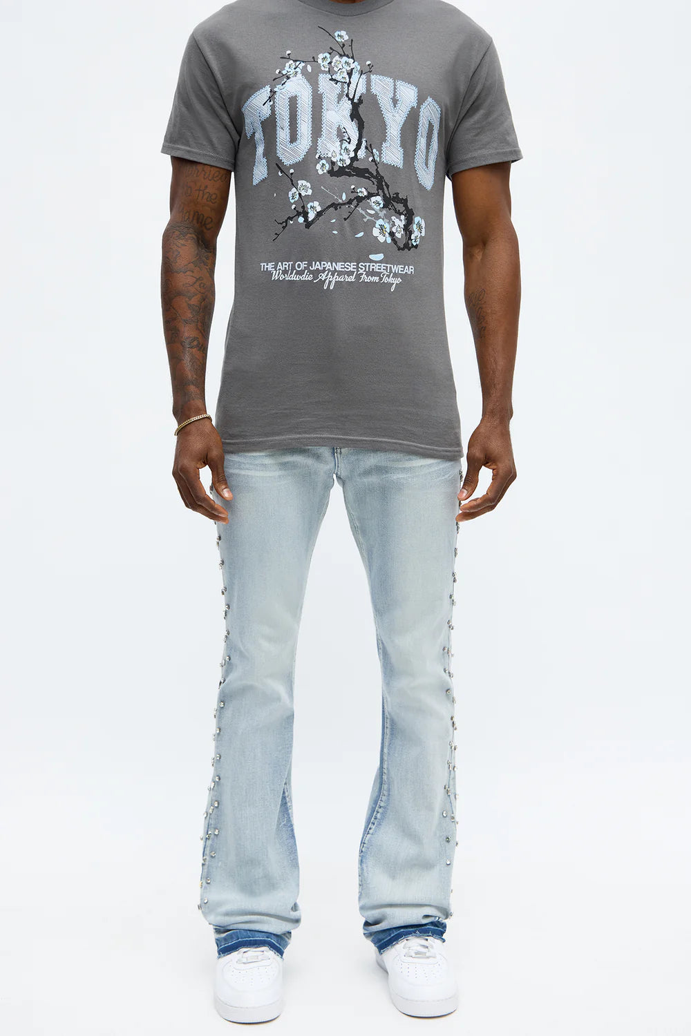 Stacked Skinny Flare By My Side Studded Jean - Light Blue Wash