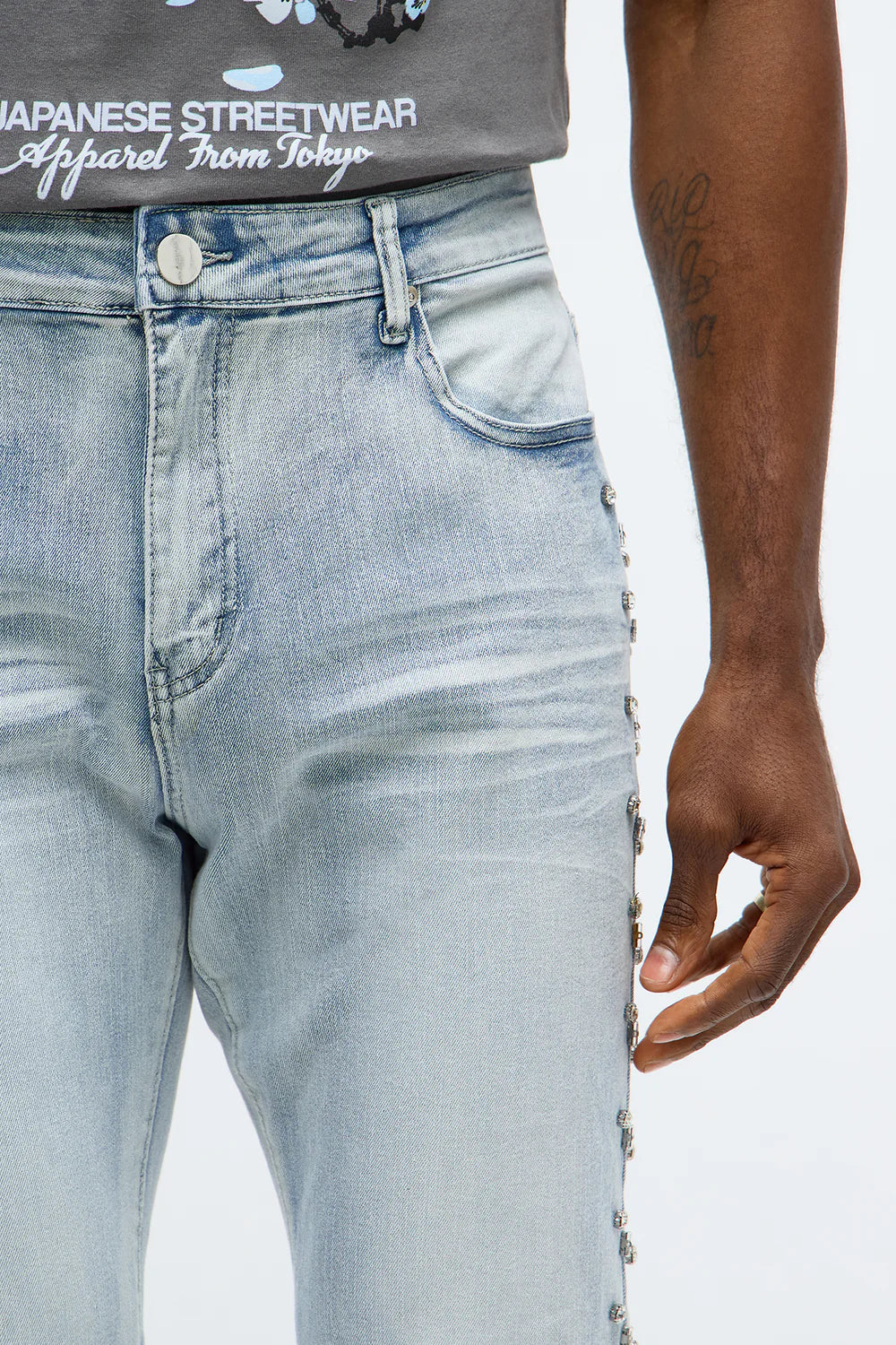 Stacked Skinny Flare By My Side Studded Jean - Light Blue Wash