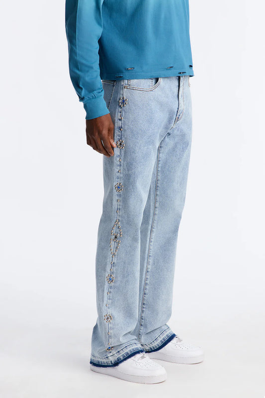 Western Studded Stacked Slim Flare Jeans - Light Wash