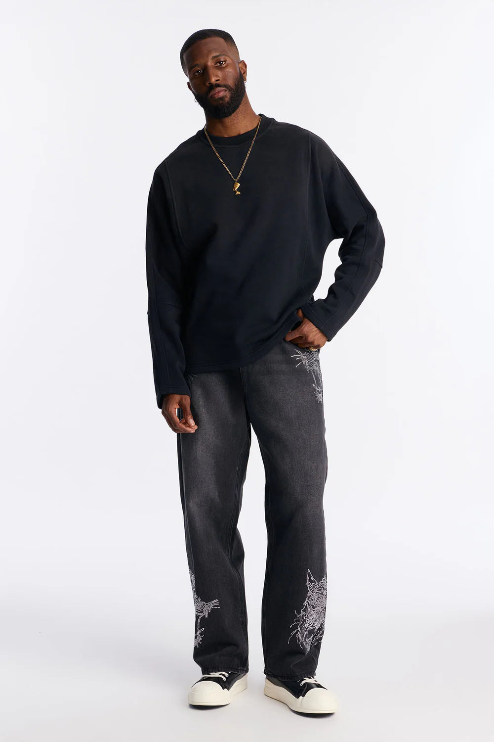 Baggy Tiger Rhinestone Jean - Black Wash