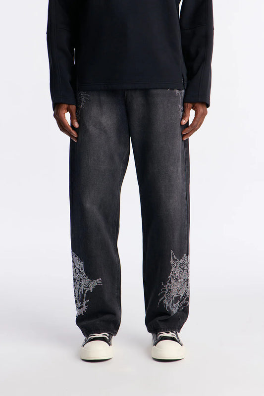 Baggy Tiger Rhinestone Jean - Black Wash