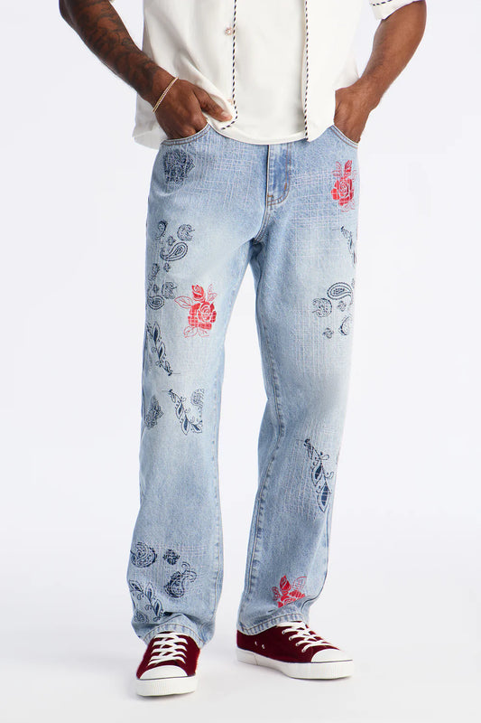 Straight Roses With Stitches Embroidered Jean - Light Blue Wash