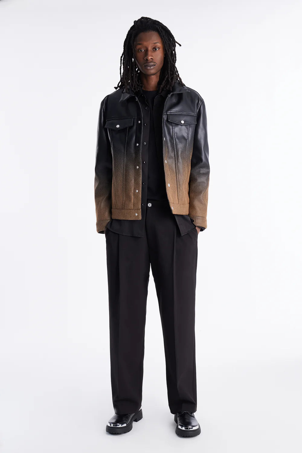 Ombre Faux Leather Trucker Jacket - Brown/combo