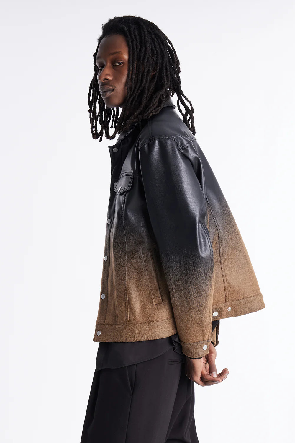 Ombre Faux Leather Trucker Jacket - Brown/combo