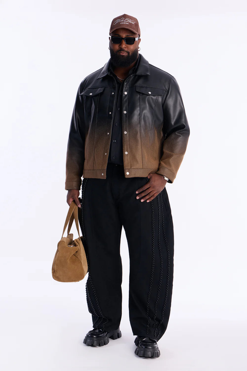 Ombre Faux Leather Trucker Jacket - Brown/combo