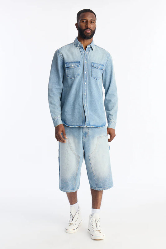 Baggy Jeweled Web Carpenter Denim Short - Light Wash