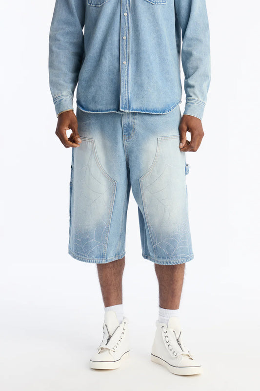 Baggy Jeweled Web Carpenter Denim Short - Light Wash