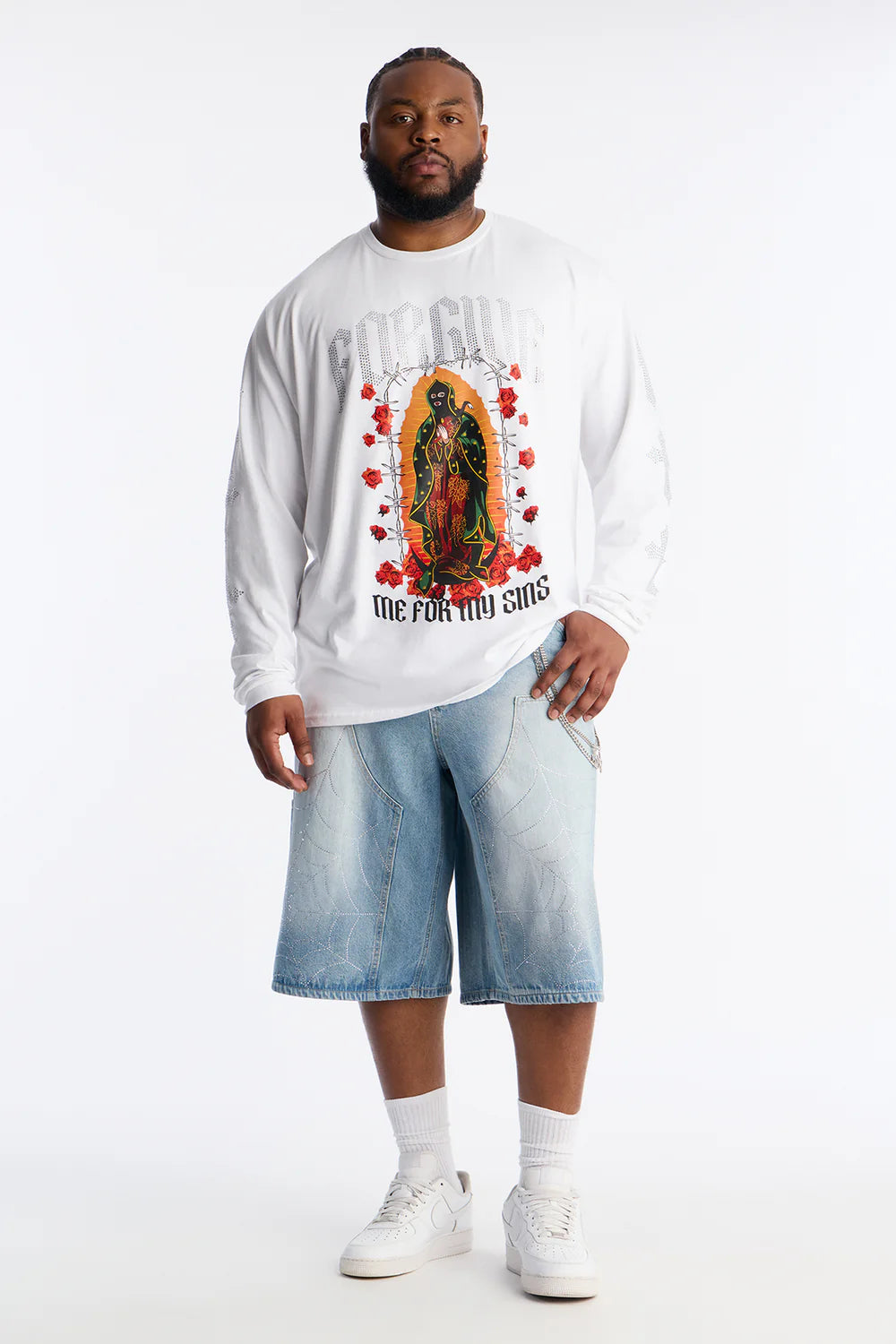 Baggy Jeweled Web Carpenter Denim Short - Light Wash