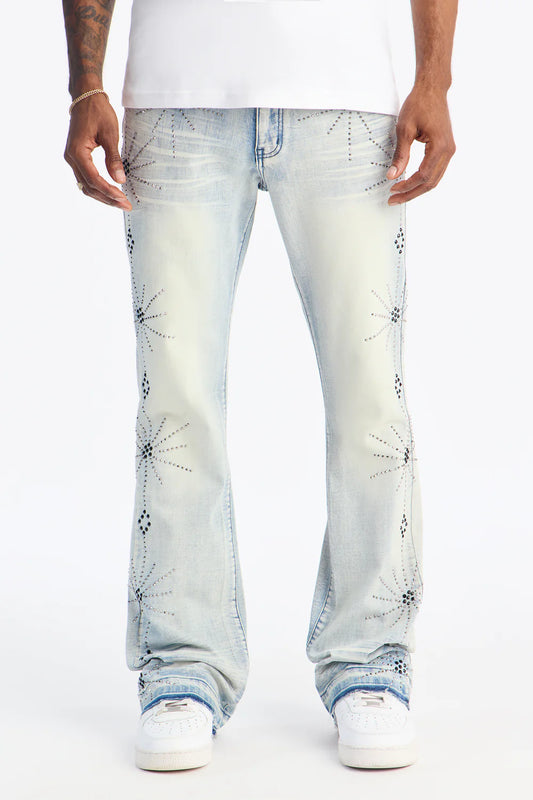 Stacked Skinny Flare Starburst Shine Jeweled Jean - Light Wash
