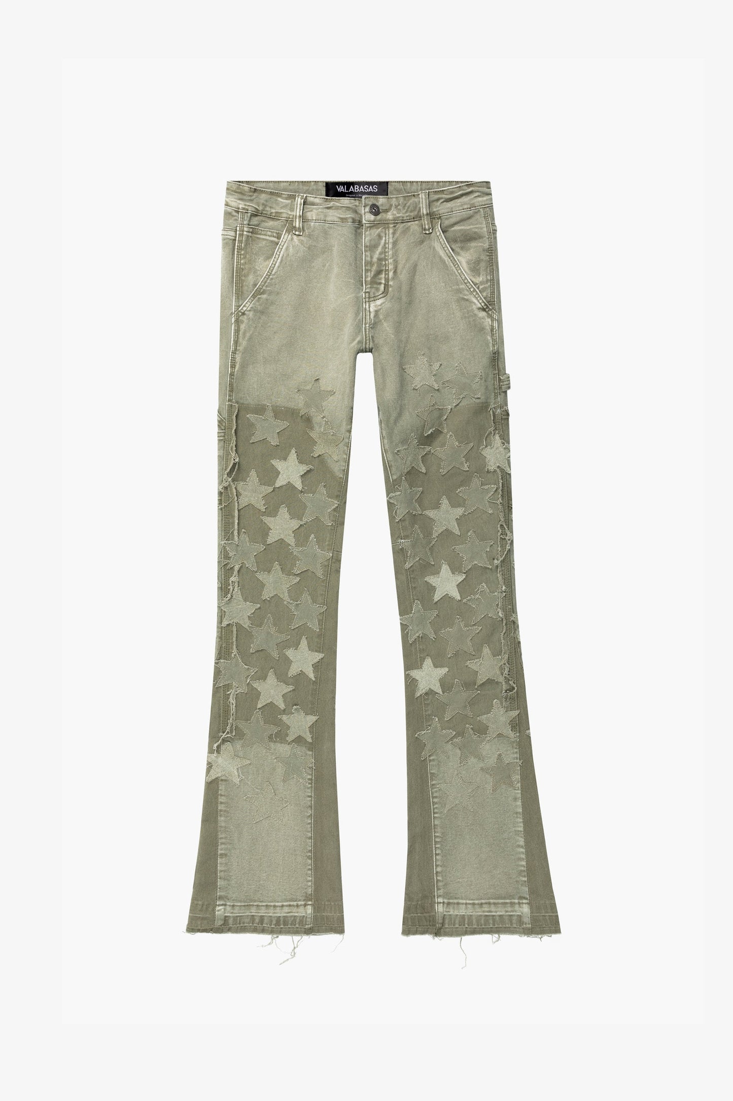 "V-STARS” OLIVE GREEN STACKED FLARE JEAN