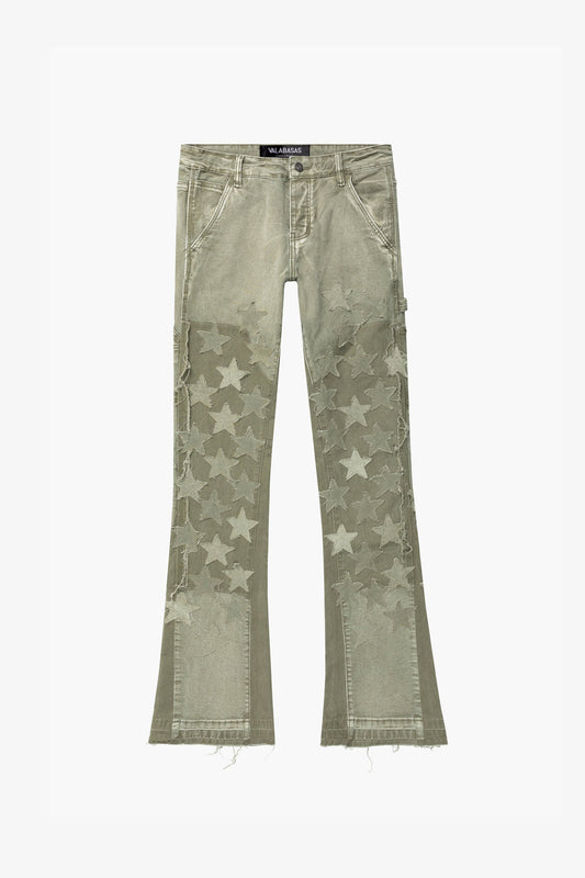 "V-STARS” OLIVE GREEN STACKED FLARE JEAN