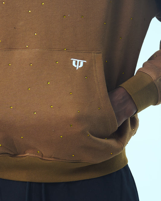 Rhinestone Front Embroidery Logo Print Hoodie - Mustard