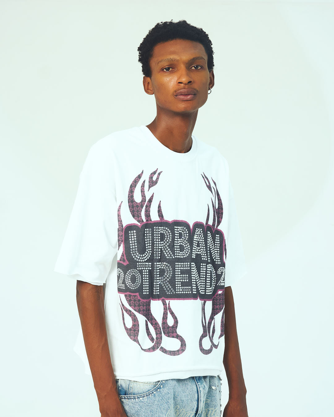 Rhinestone Logo Boxy Fit Cropped T-Shirt - White