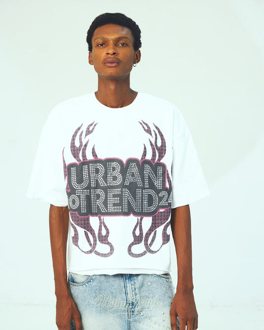 Rhinestone Logo Boxy Fit Cropped T-Shirt - White