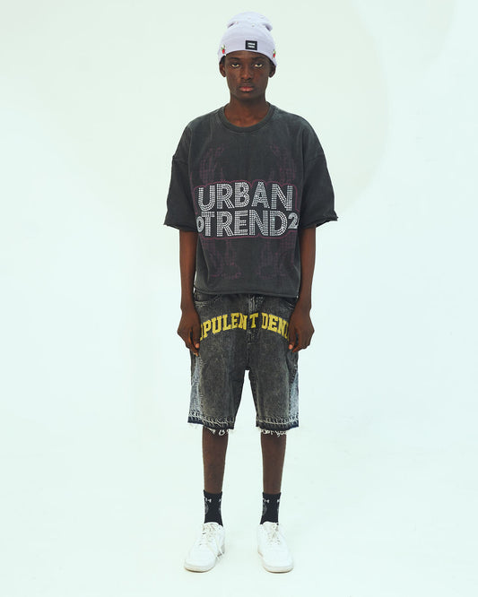 Rhinestone Logo Boxy Fit Cropped T-Shirt - Washed Black