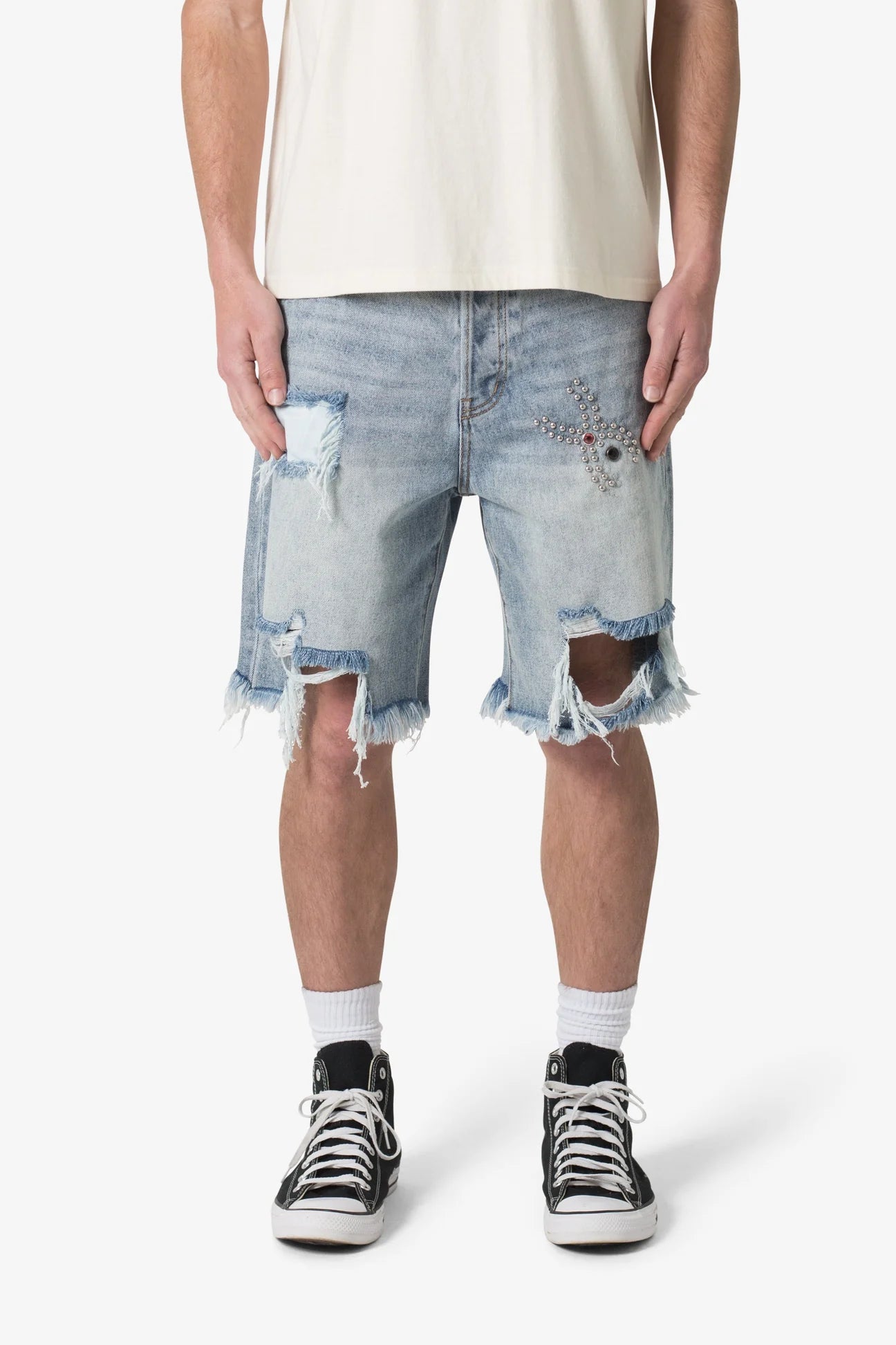 DISTRESSED SPIDER DENIM SHORTS