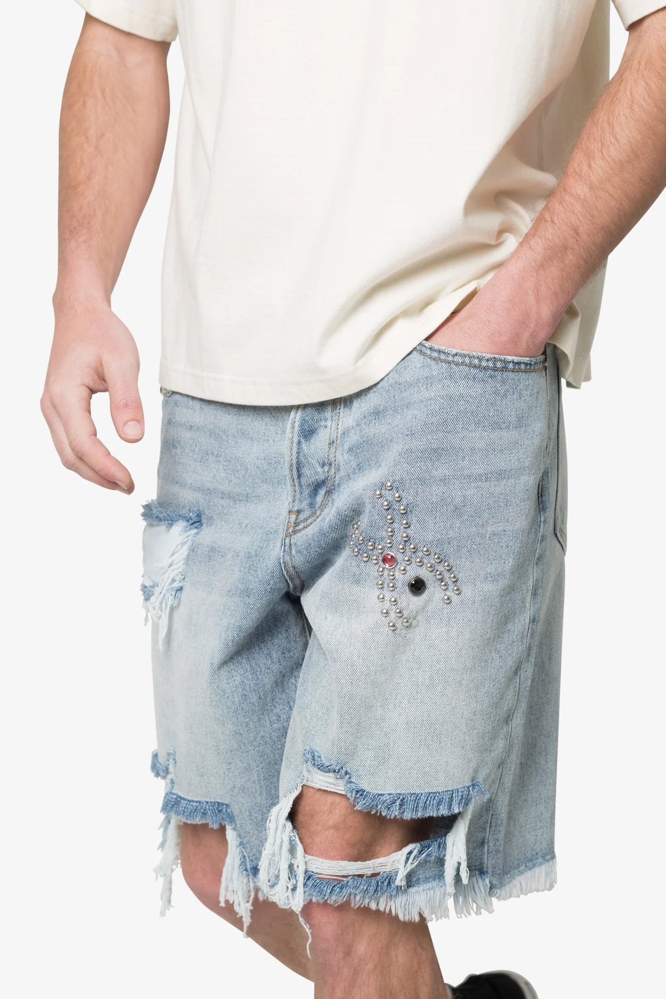 DISTRESSED SPIDER DENIM SHORTS