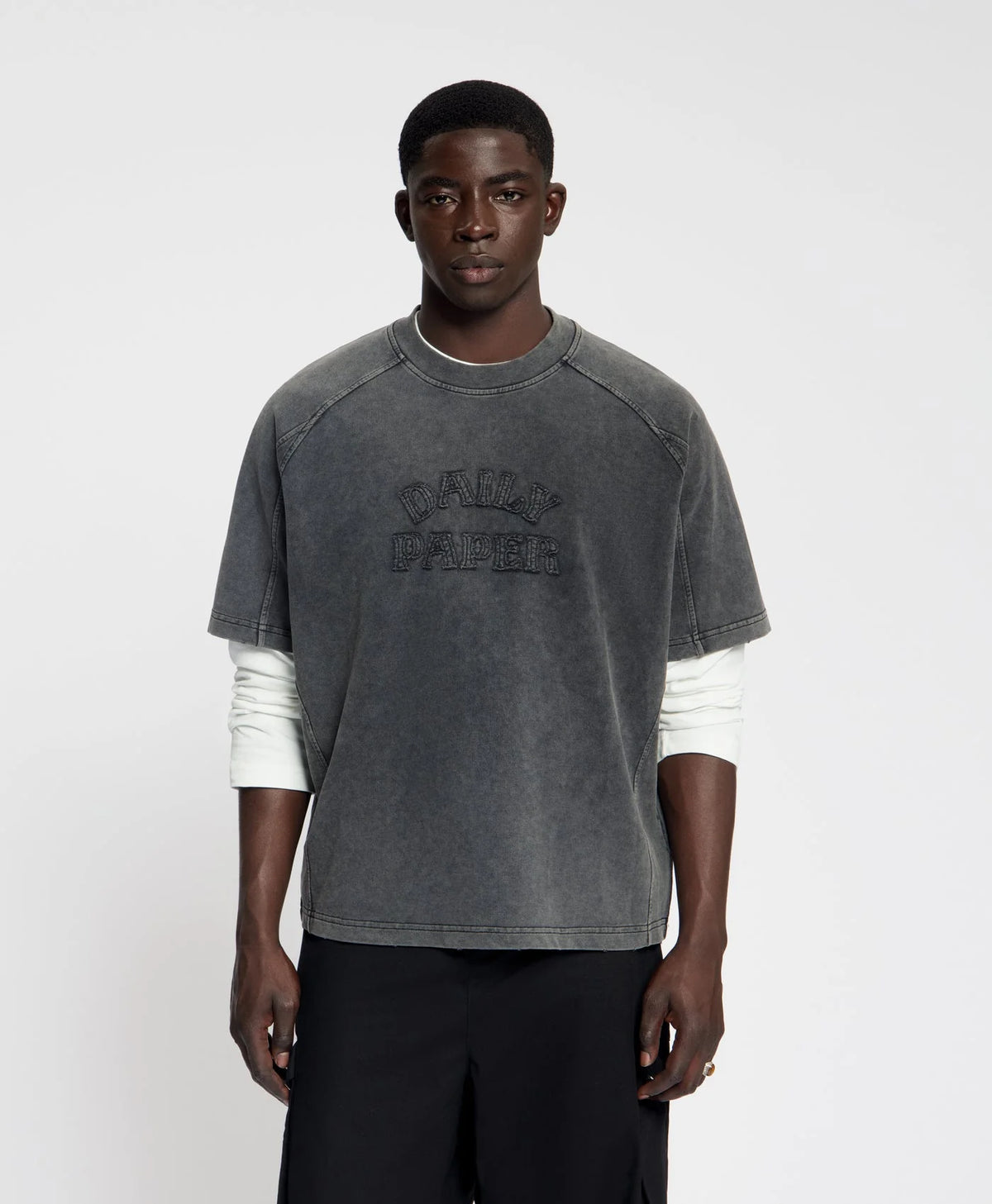 Boxy Washed Black Raglan Stacked Dias Jersey T-Shirt