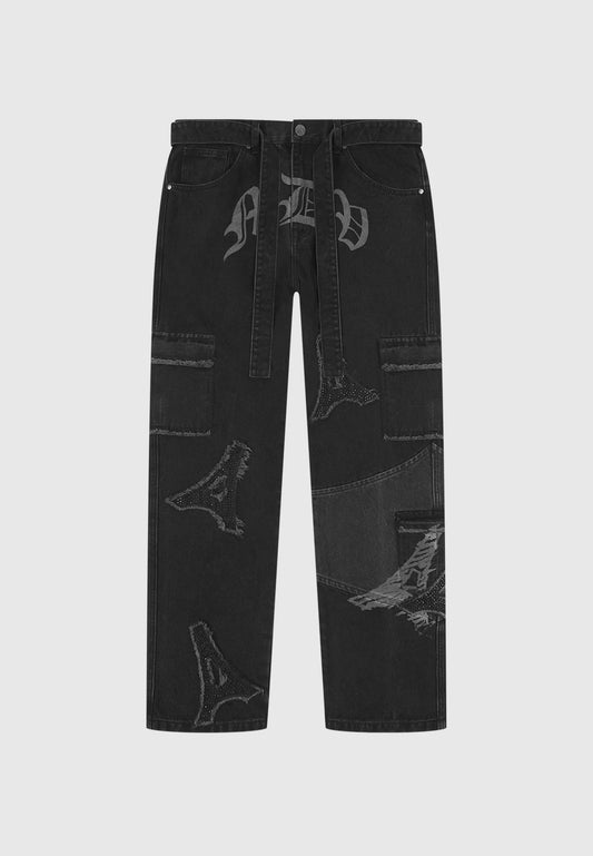 MDV Rhinestone Eiffel Patch Jeans - Stonewash Black