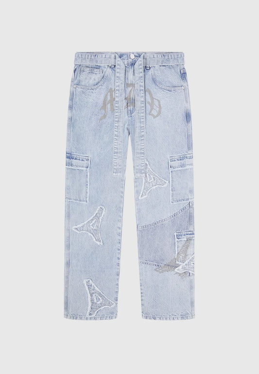 MDV Rhinestone Eiffel Patch Jeans - Stonewash Blue