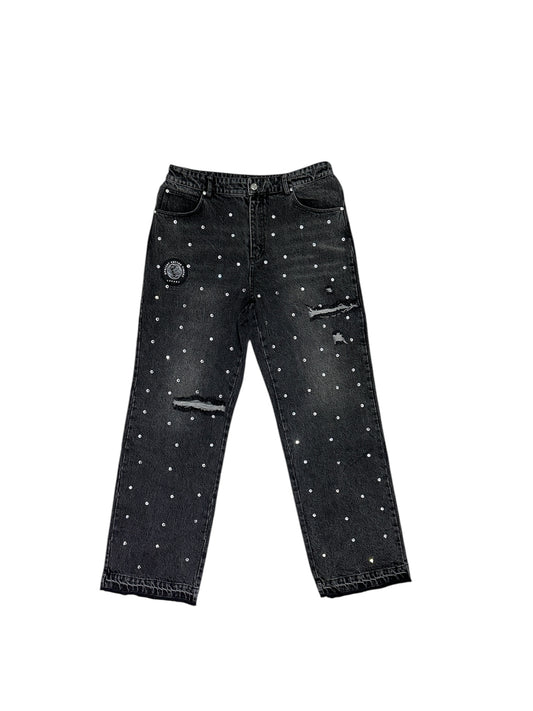 Flare Baggy Rhinestone Denim - Black