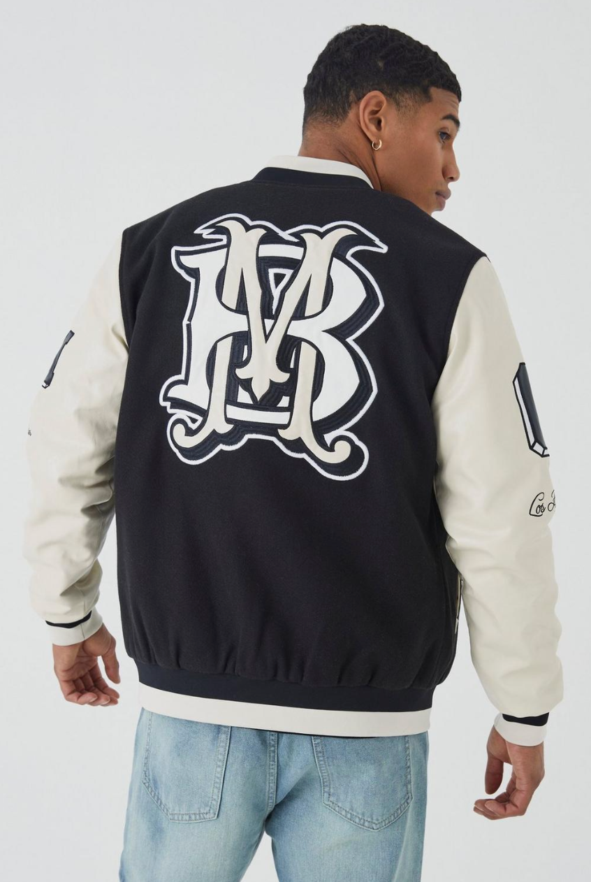 REGULAR MELTON AND PU SLEEVE VARSITY JACKET