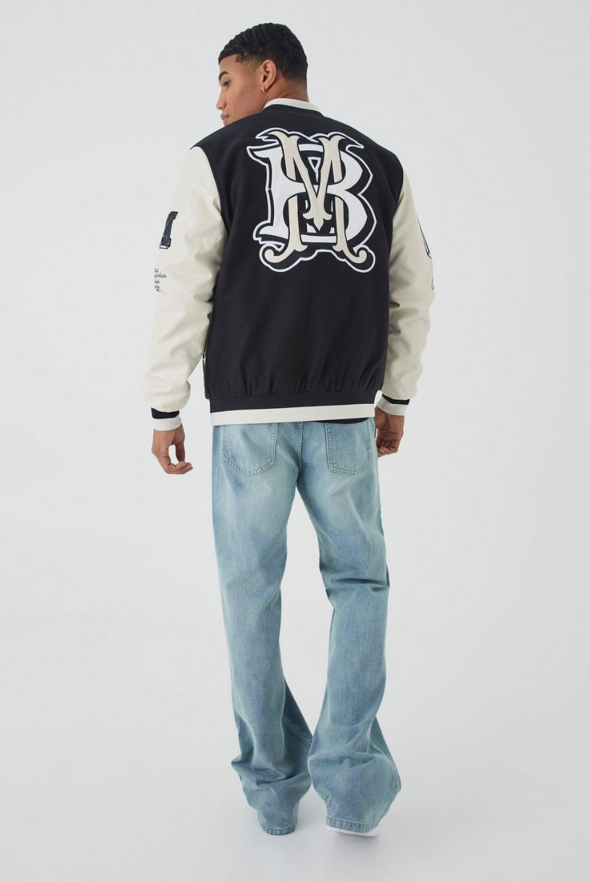 REGULAR MELTON AND PU SLEEVE VARSITY JACKET