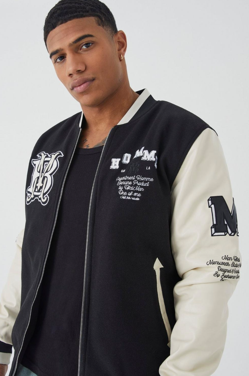 REGULAR MELTON AND PU SLEEVE VARSITY JACKET