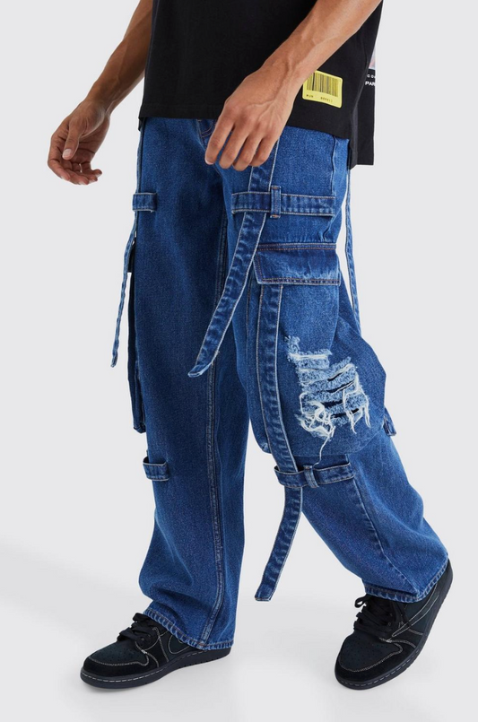 BAGGY RIGID STRAP DETAIL DISTRESSED CARGO JEANS