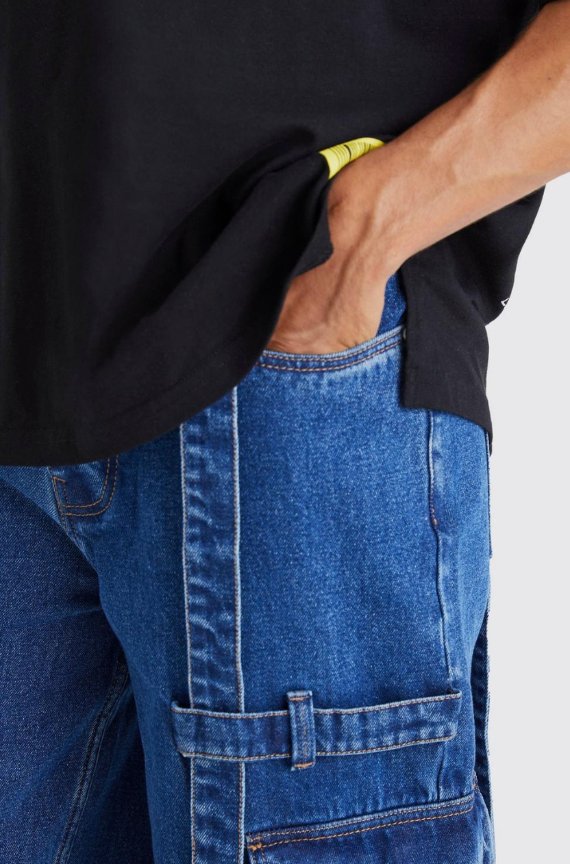 BAGGY RIGID STRAP DETAIL DISTRESSED CARGO JEANS