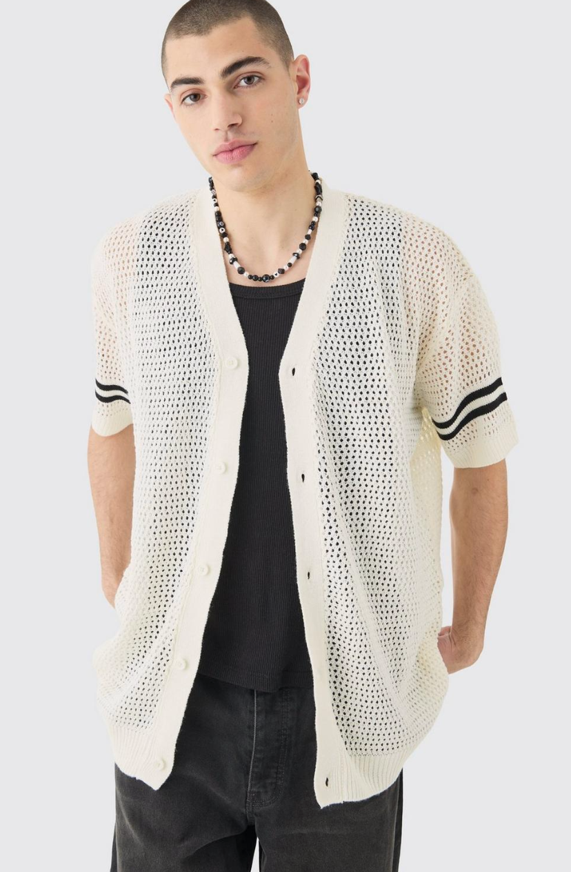 OVERSIZED OPEN STITCH VARSITY SHIRT IN WHITE