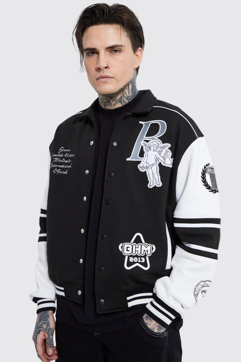 BOXY 13 APPLIQUE JERSEY VARSITY HARRINGTON JACKET