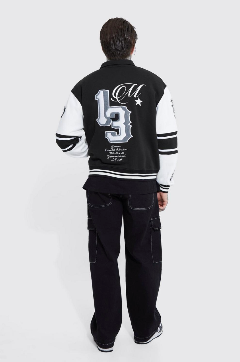 BOXY 13 APPLIQUE JERSEY VARSITY HARRINGTON JACKET