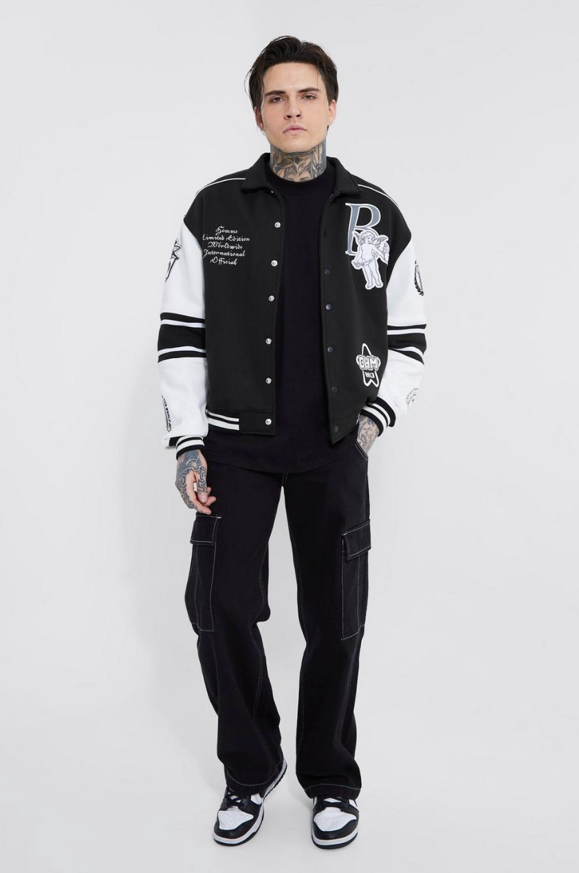 BOXY 13 APPLIQUE JERSEY VARSITY HARRINGTON JACKET