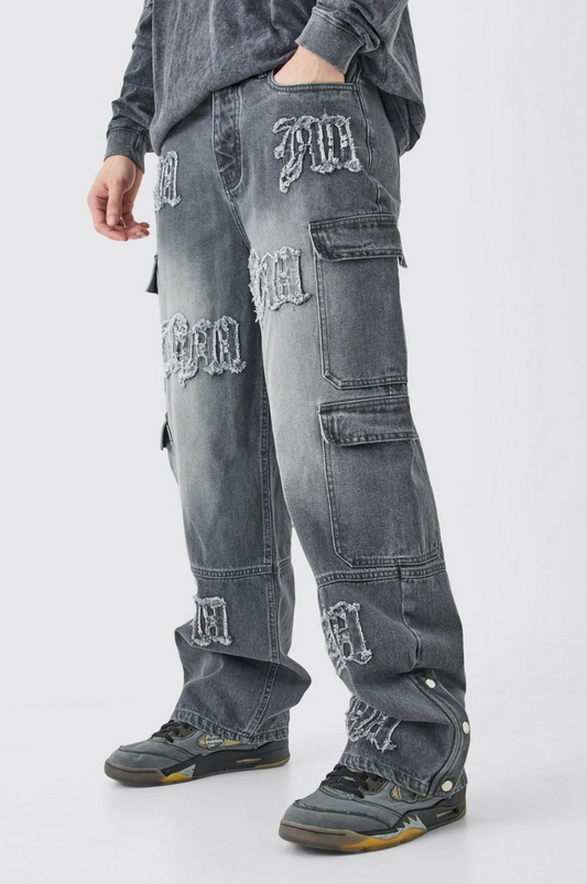 TALL BAGGY RIGID BM APPLIQUE MULTI POCKET CARGO JEANS