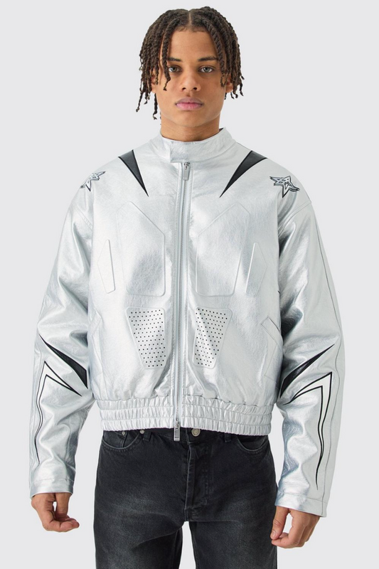 BOXY FIT METALLIC PU PANEL MOTO BOMBER