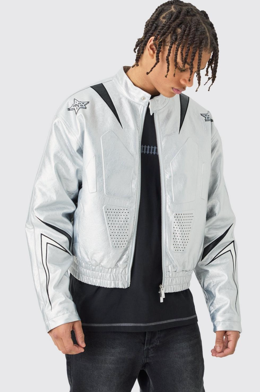 BOXY FIT METALLIC PU PANEL MOTO BOMBER