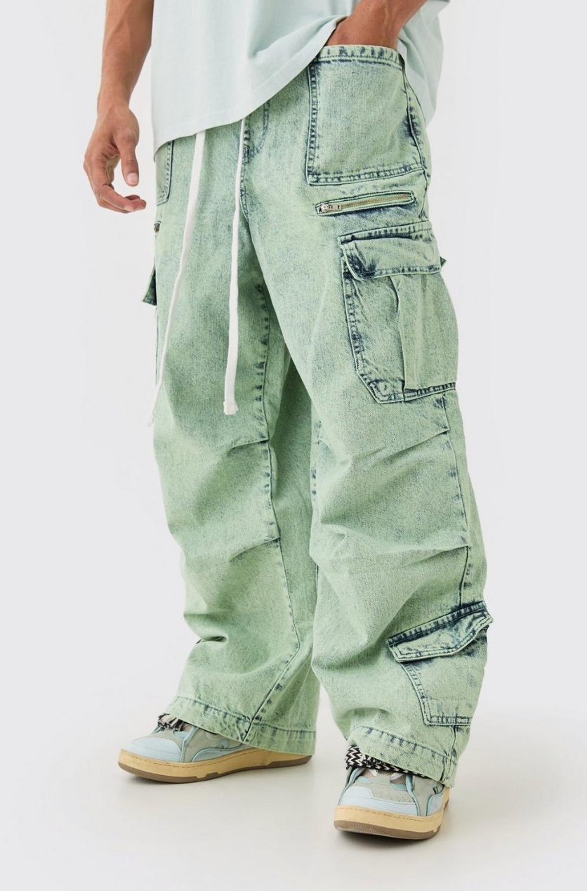 DENIM PARACHUTE ELASTICATED WAIST OVERDYED ACID WASHED CARGO JEANS IN SAGE