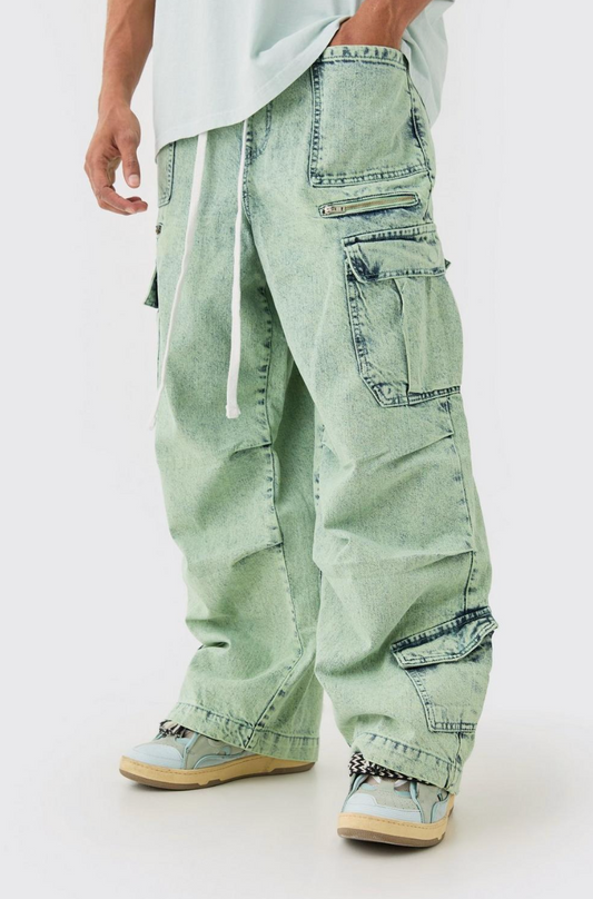 DENIM PARACHUTE ELASTICATED WAIST OVERDYED ACID WASHED CARGO JEANS IN SAGE