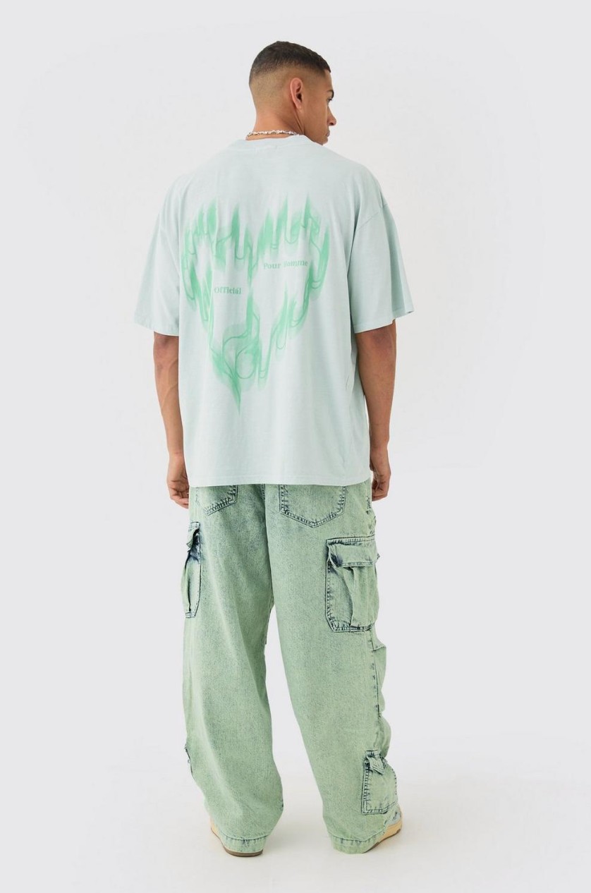 DENIM PARACHUTE ELASTICATED WAIST OVERDYED ACID WASHED CARGO JEANS IN SAGE