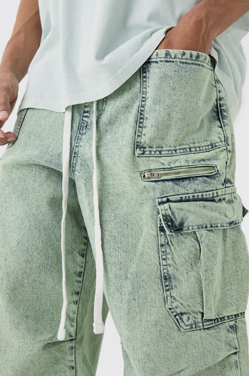 DENIM PARACHUTE ELASTICATED WAIST OVERDYED ACID WASHED CARGO JEANS IN SAGE