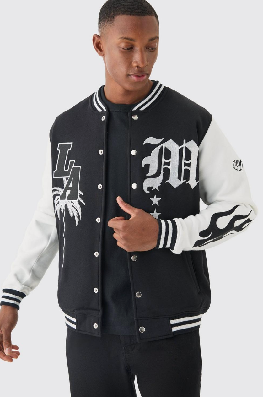 LA BADGE JERSEY VARSITY BOMBER JACKET