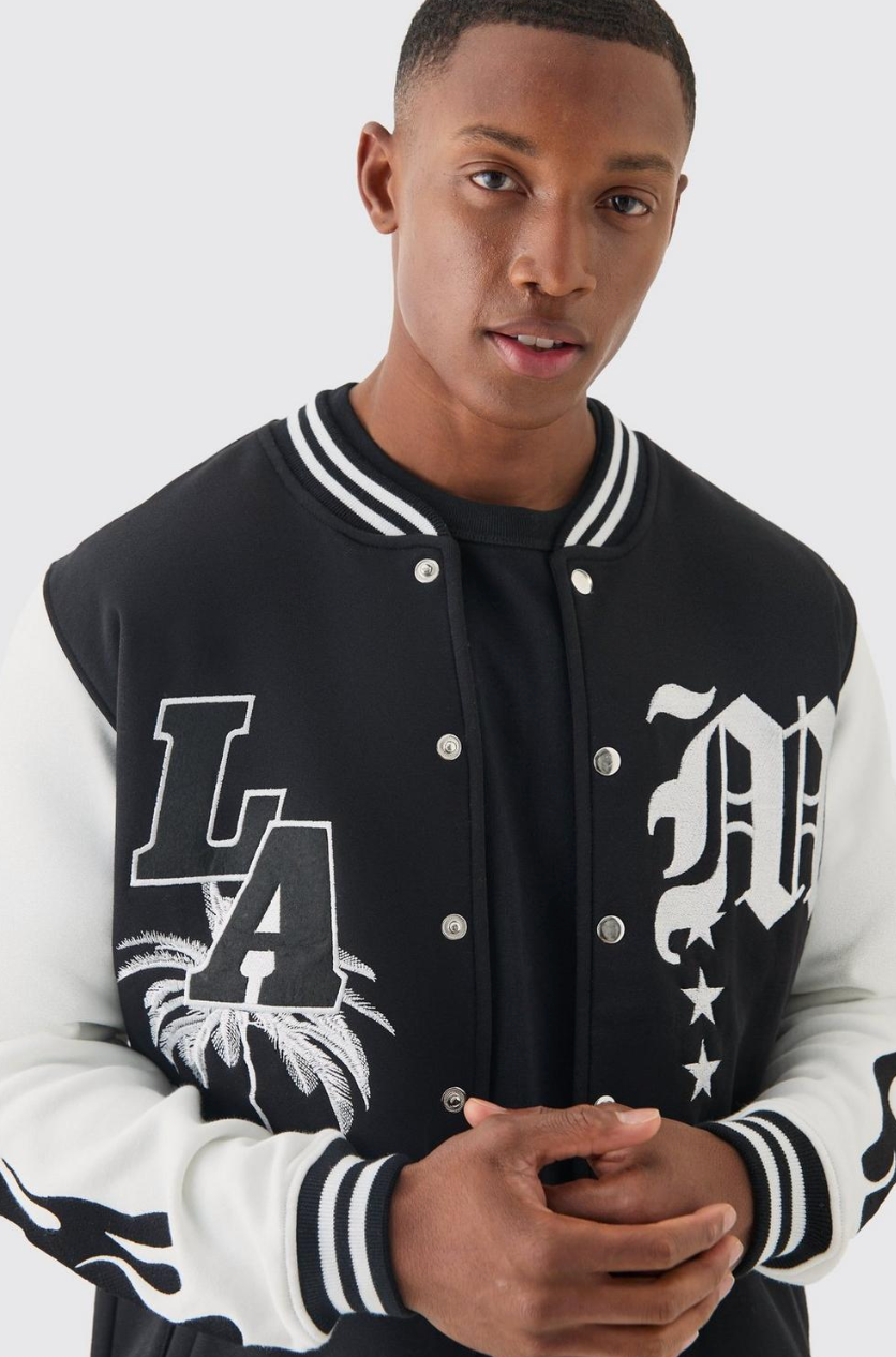 LA BADGE JERSEY VARSITY BOMBER JACKET