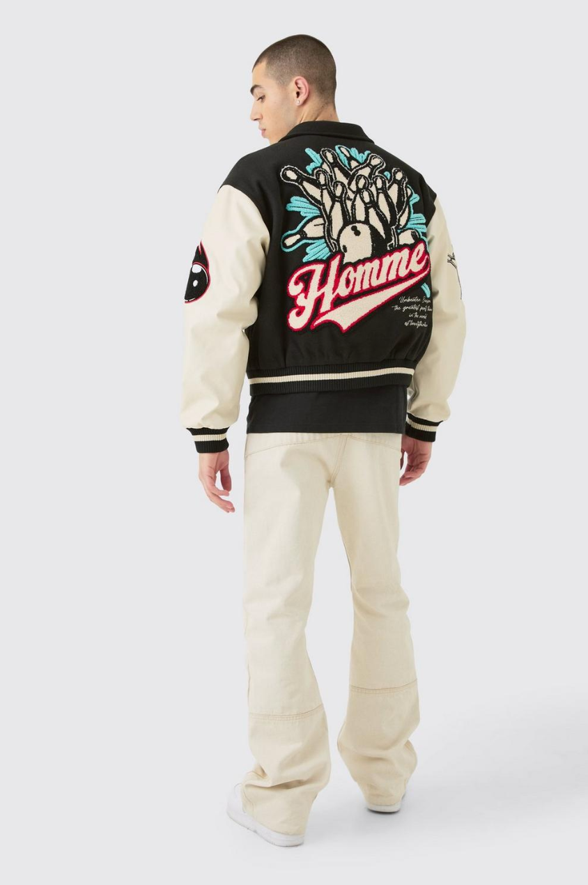 BOXY MELTON & PU COLLARED VARSITY JACKET