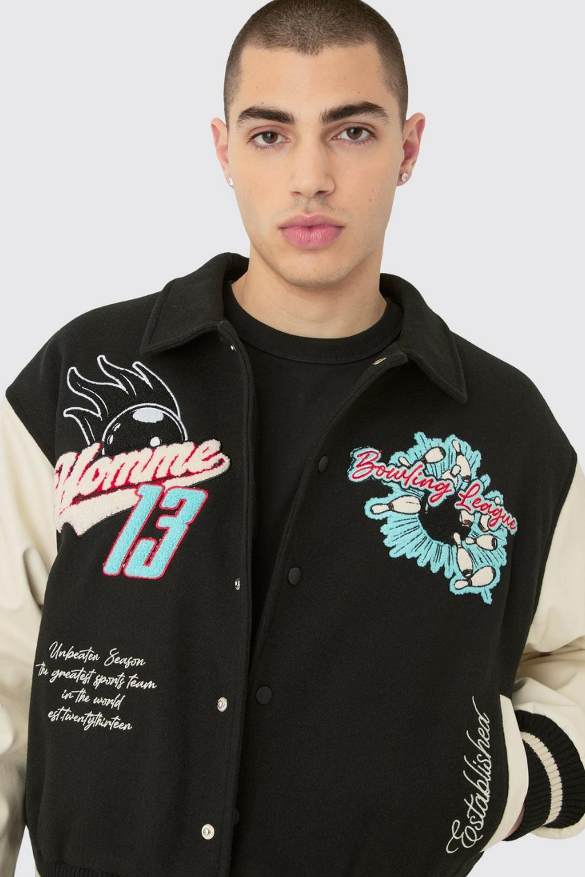 BOXY MELTON & PU COLLARED VARSITY JACKET