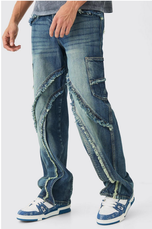 BAGGY DISTRESSED PANELLED CARGO JEANS IN MID BLUE