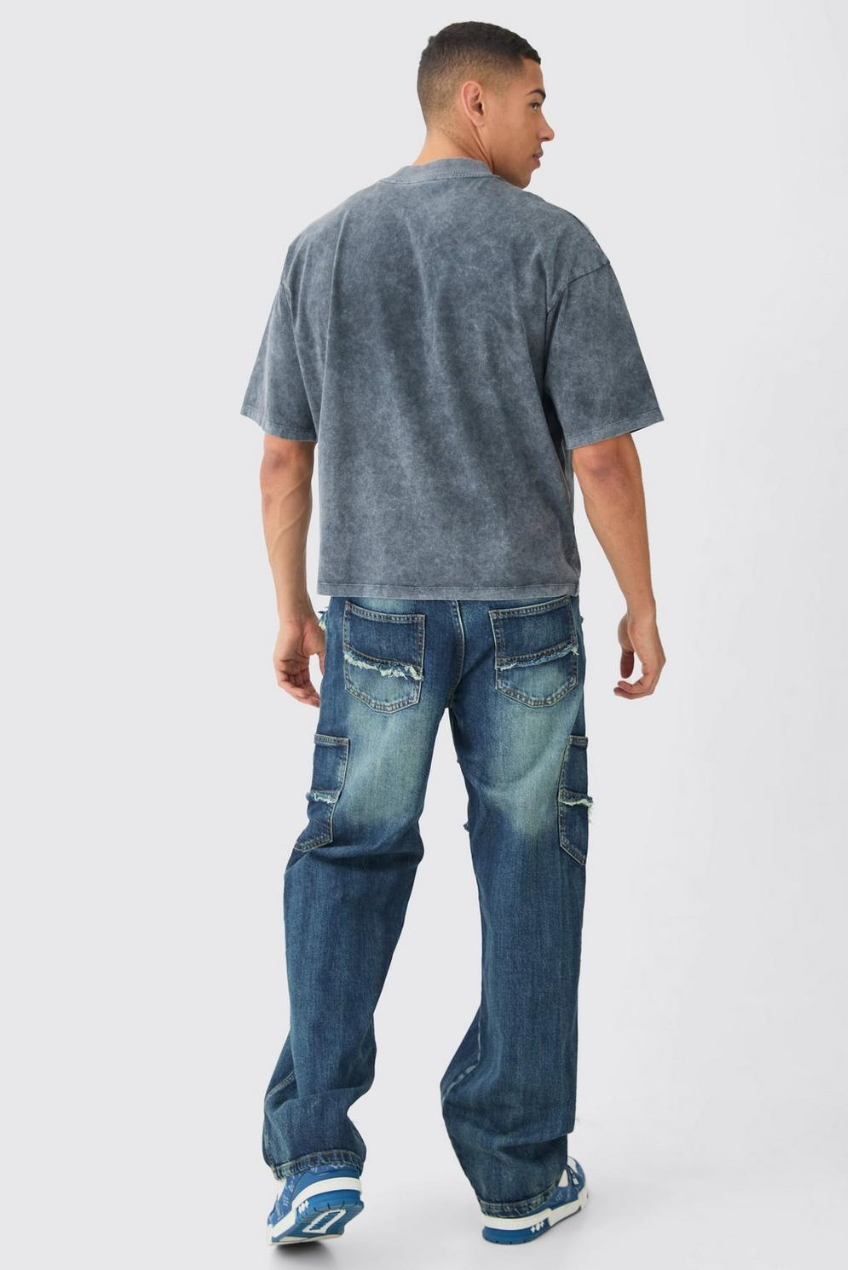 BAGGY DISTRESSED PANELLED CARGO JEANS IN MID BLUE