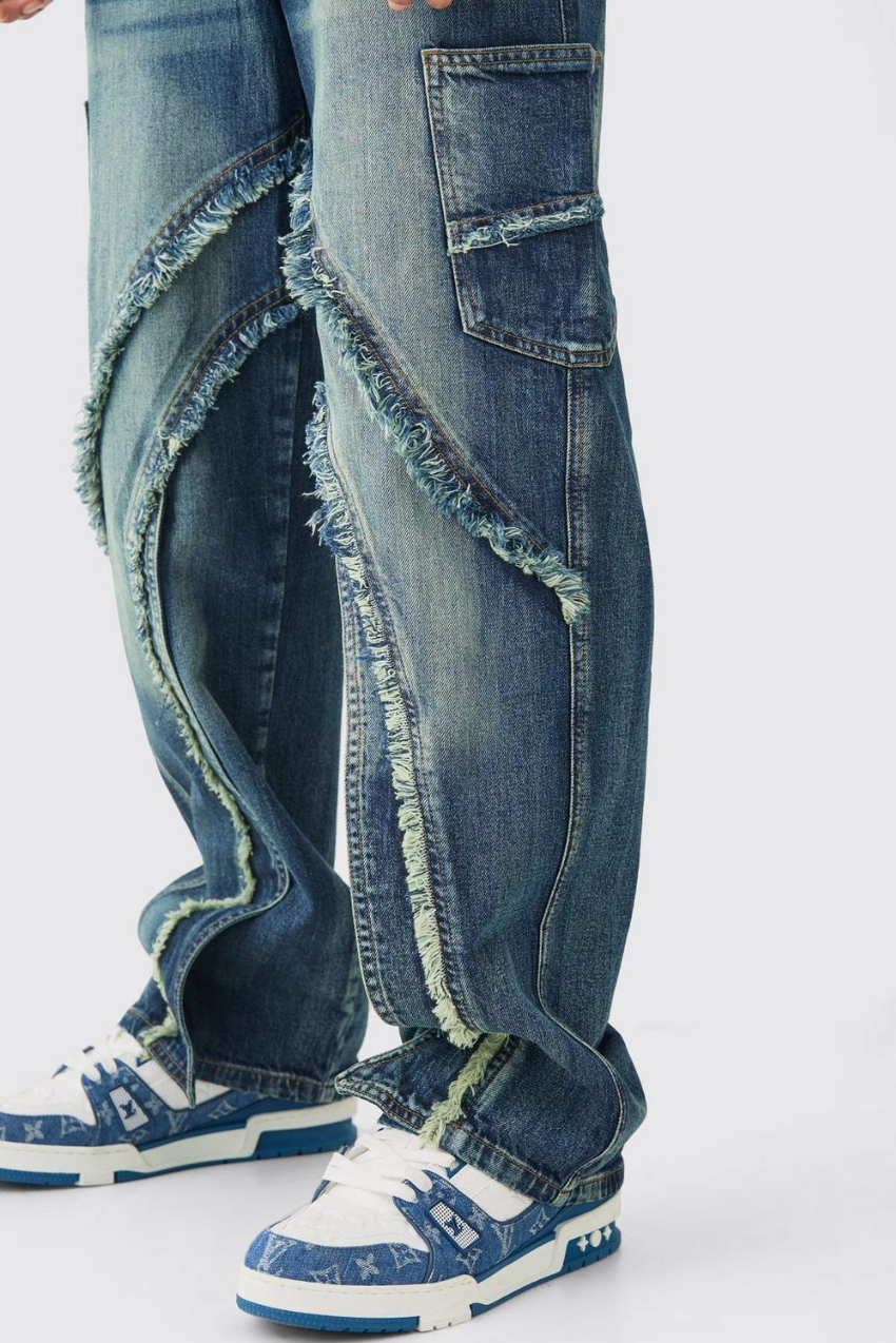 BAGGY DISTRESSED PANELLED CARGO JEANS IN MID BLUE