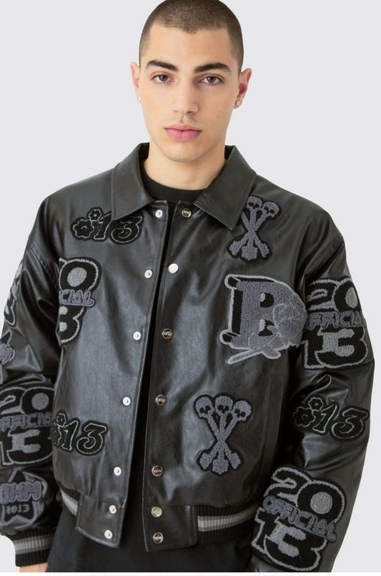 BOXY PU TONAL BADGE VARSITY JACKET