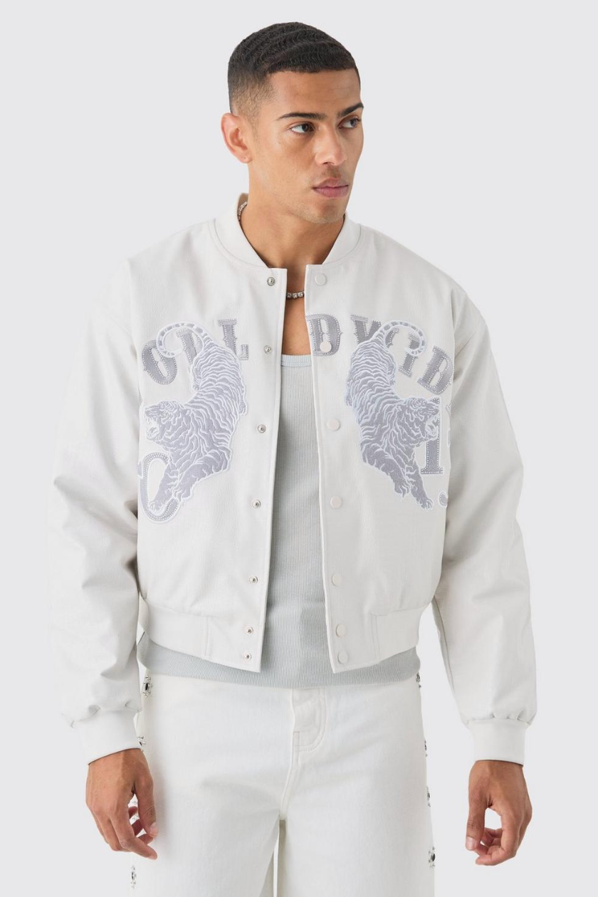 BOXY WORLDWIDE RHINESTONE CROC PU VARSITY JACKET IN WHITE